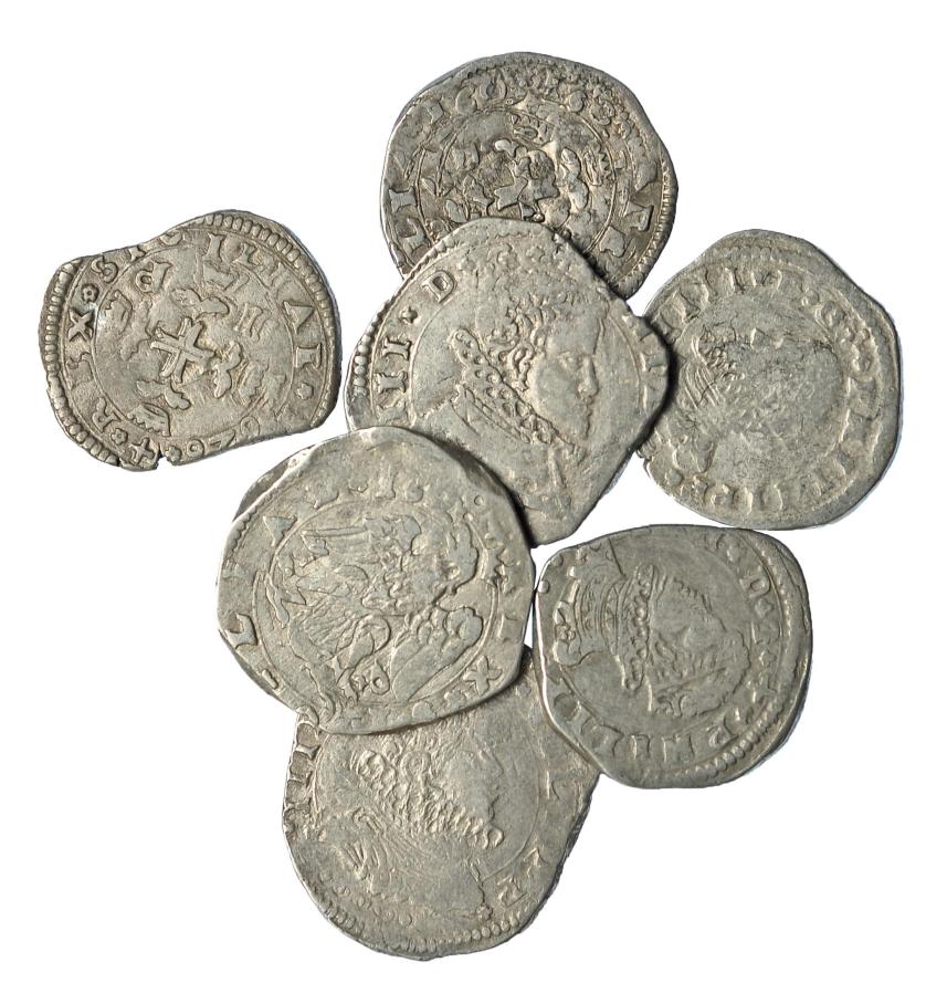 513   -  Lote 7 piezas: 4 monedas de 3 tarís y 3 monedas de 4 tarís. Felipe III y Felipe IV. De 1609 a 1632. MBC-/MBC.