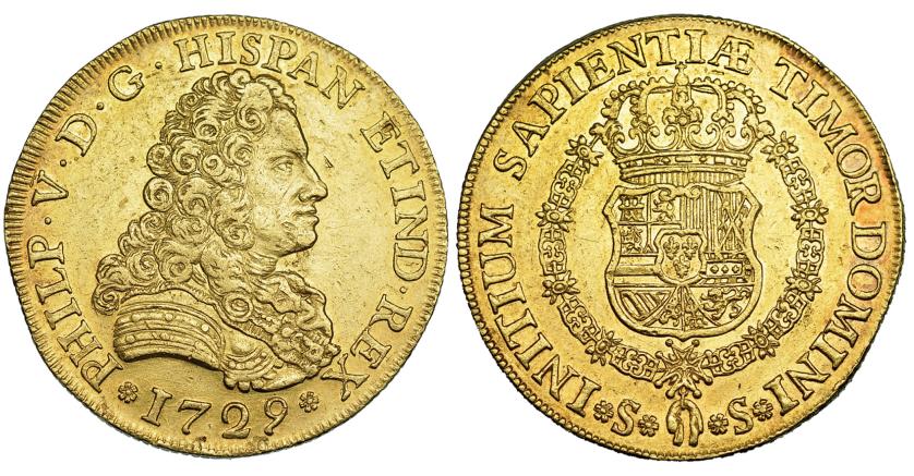 520   -  8 escudos. 1729. Sevilla. PHILP. VI-1786.  Pequeñas marcas. MBC+/EBC.