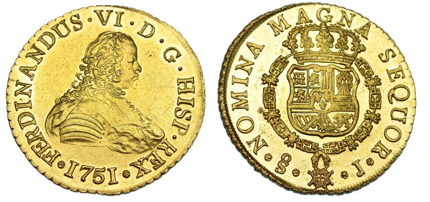 527   -  8 escudos. 1751. Santiago. J. VI-632. Finas rayitas en anv. B.O. EBC+.