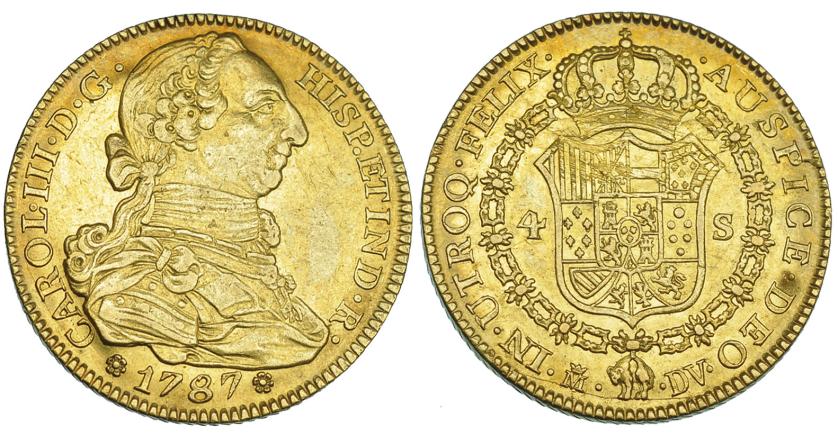 532   -  4 escudos. 1787. Madrid. DV. VI-1471. Hojitas en rev. y pequeñas marcas. EBC-.