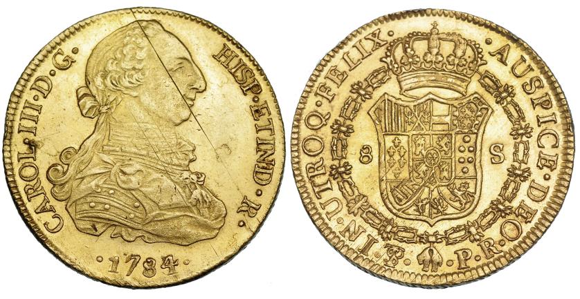 544   -  8 escudos. 1784. Potosí. PA. VI-1735. Hojita en anv. y rayas de ajuste. R.B.O. MBC+/EBC.