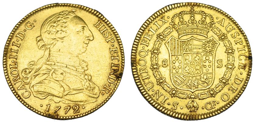 548   -  8 escudos. 1772. Sevilla. CF. VI-1774. Dos soldaduras de plata en canto. MBC. Rara.