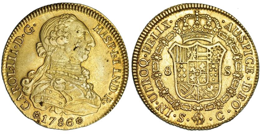 549   -  8 escudos. 1786. Sevilla. C. VI-1781. Hojitas en anv. R.B.O. MBC.