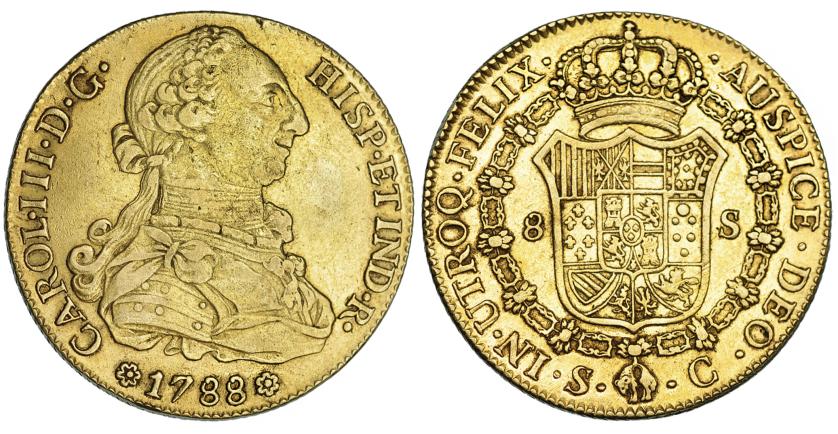 550   -  8 escudos. 1788. Sevilla. C. VI-1783. Golpe en gráfila de rev. MBC/MBC+.