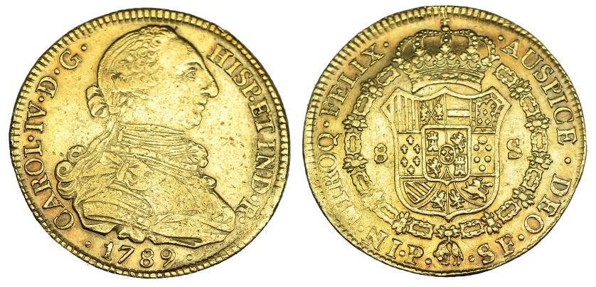 565   -  8 escudos. 1789. Popayán. SF. VI-1368. Leves vanos y pequeñas marcas. MBC/MBC+.