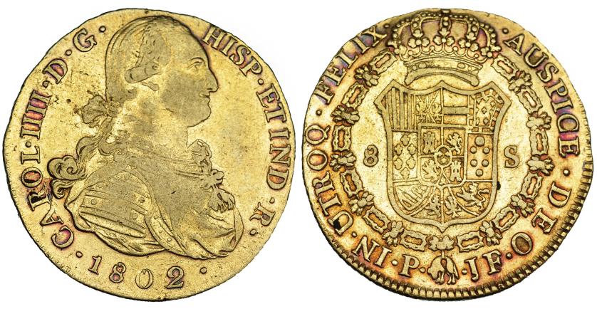 567   -  8 escudos. 1802. Popayán. JF. VI-1382. MBC-.