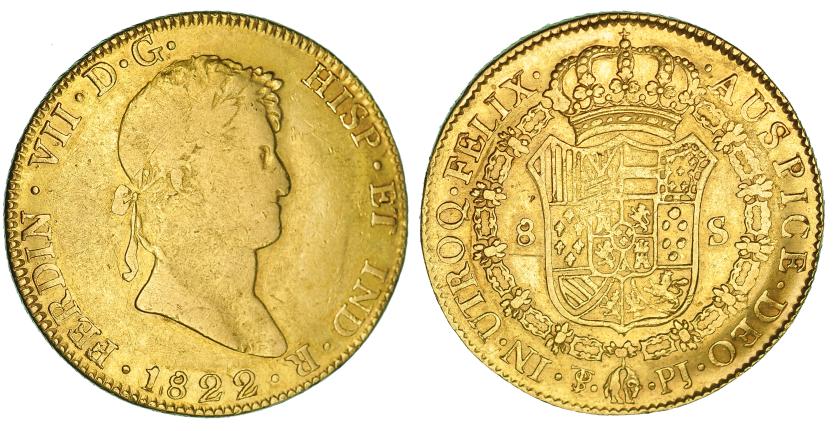 600   -  8 escudos. 1822. Potosí. PJ. VI-1529. BC+/MBC-. Escasa.