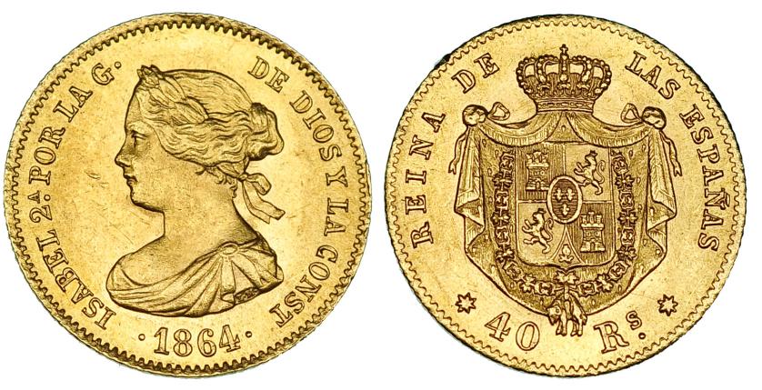 607   -  40 reales. 1864. Sevilla. VI-569. Pequeñas marcas en anv. EBC+. Muy rara.