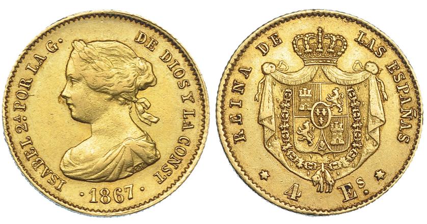 608   -  4 escudos. 1867. Madrid. VI-572. MBC.