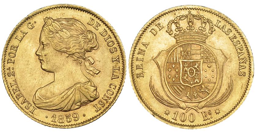 611   -  100 reales. 1859. Barcelona. VI-635. EBC.