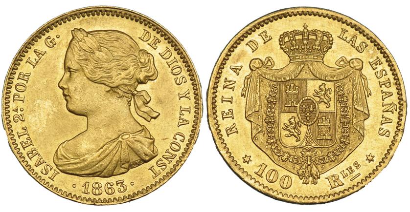 616   -  100 reales. 1863. Madrid. VI-650. EBC+.