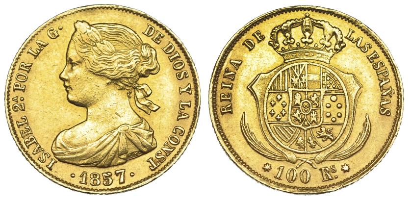 619   -  100 reales. 1857. Sevilla. VI-657. MBC.