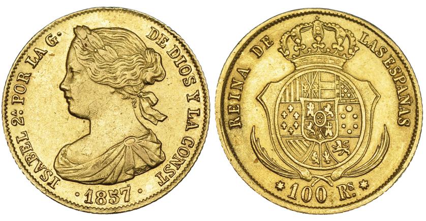 620   -  100 reales. 1857. Sevilla. VI-657. MBC+.