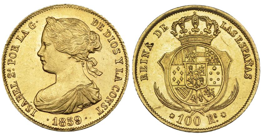 621   -  100 reales. 1859. Sevilla. VI-659. Pequeñas marcas. EBC+.