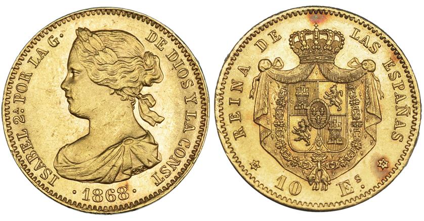 623   -  10 escudos. 1868*18-73. Madrid. VI-669. EBC+/SC.