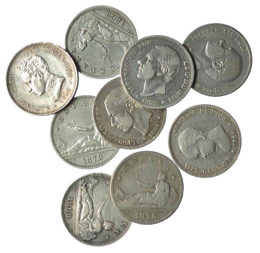 625   -  Lote 9 monedas: 2 pts. 1869 (2), 18770 *70 y 73, 1879, 1883, 1884, 1889 y 1905. De BC+ a EBC.