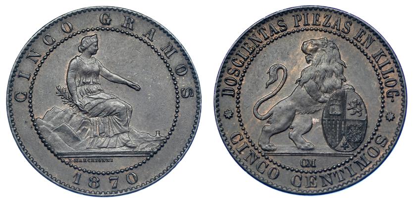 626   -  5 céntimos. 1870. Barcelona OM. VII-3. R.B.O. EBC+.
