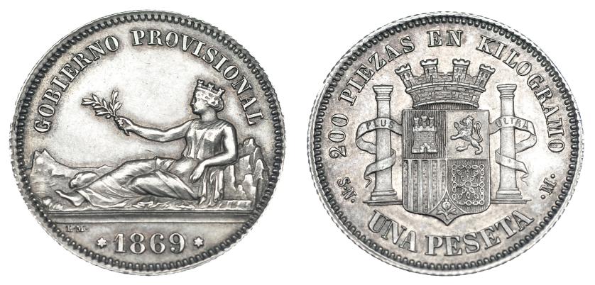627   -  Peseta. 1869. Ley. GOBIERNO PROVISIONAL. Madrid. SNM. VII-12. Pátina gris. EBC.