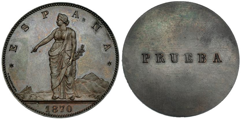 630   -  Prueba unifaz de 100 pesetas de 1870. En rev. la palabra PRUEBA en el centro. CU 14,82 g. SC.