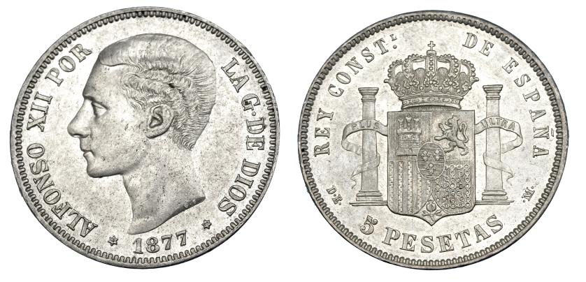 651   -  5 pesetas. 1877*18-77. Madrid. DEM. VII-83. R.B.O. EBC.