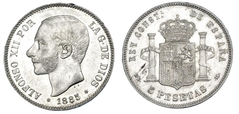656 - 5 pesetas. 1885*18-85. Madrid. MSM. VII-91. Golpecito en gráfila. R.B.O. EBC-.