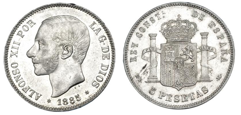 656   -  5 pesetas. 1885*18-85. Madrid. MSM. VII-91. Golpecito en gráfila. R.B.O. EBC-.