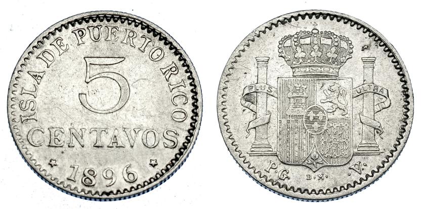 664   -  5 centavos de peso. 1896. Puerto Rico. VII-139. MBC+/MBC.