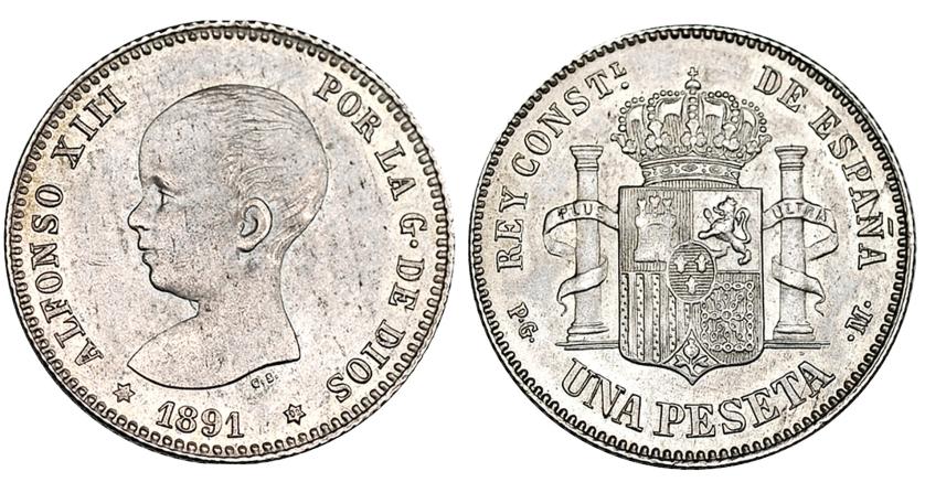 667 - Peseta. 1891. M. PGM. *--91. VII-151. Acuñación floja en castillo. EBC.