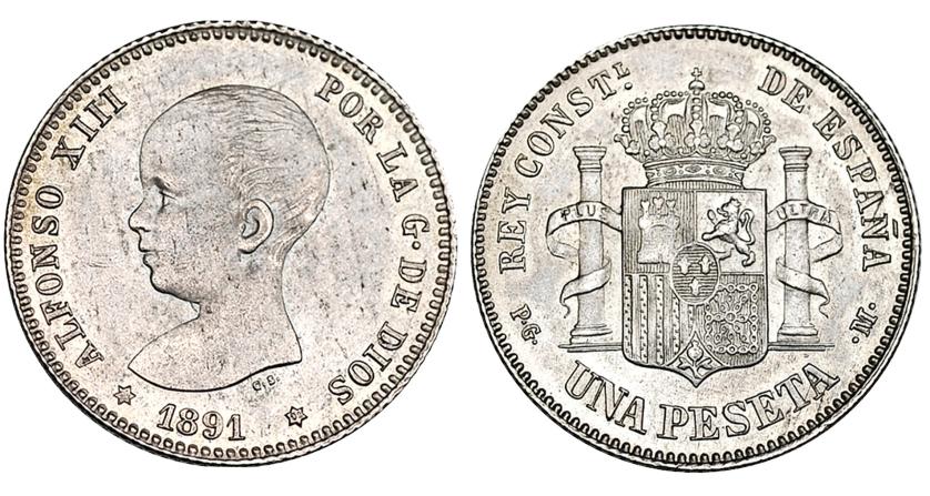 667   -  Peseta. 1891. M. PGM. *--91. VII-151. Acuñación floja en castillo. EBC.