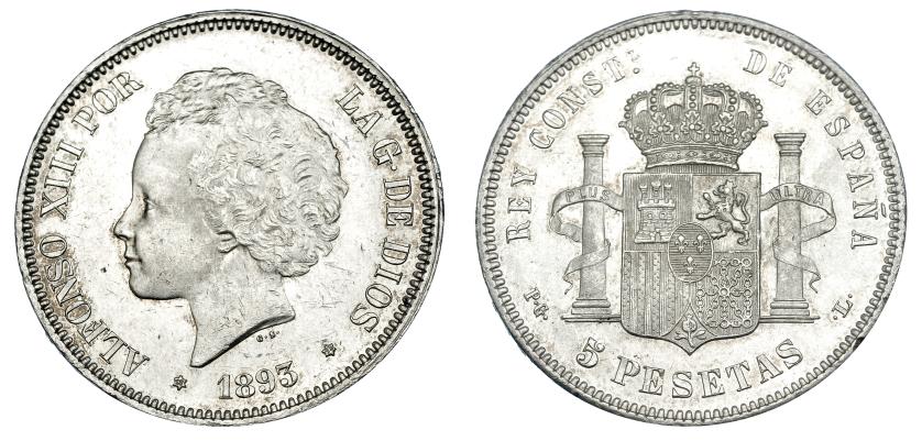 676   -  5 pesetas. 1893*18-93. Madrid. PGL. VII-185. Pequeñas marcas. EBC+.