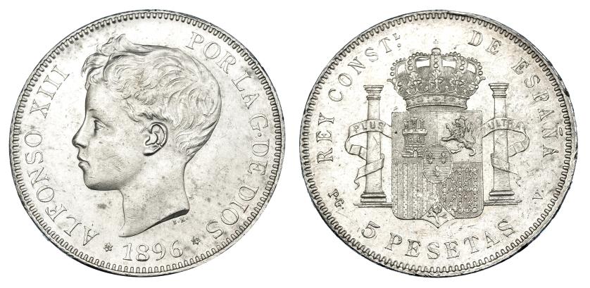 678 - 5 pesetas. 1896*18-96. Madrid. PGV. VII-188. Pequeñas marcas. R.B.O. EBC.