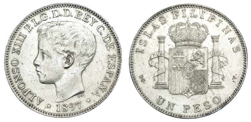 680   -  Peso. 1897. Manila. PGV. VII-192. Flor de lis incusa en la barbilla. EBC-.