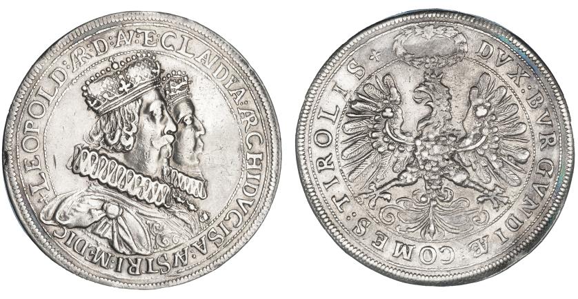 696   -  AUSTRIA. Doble tálero. Archiduques Leopoldo y Claudia. Hall. S/F (1626). Dav-3331. MBC.