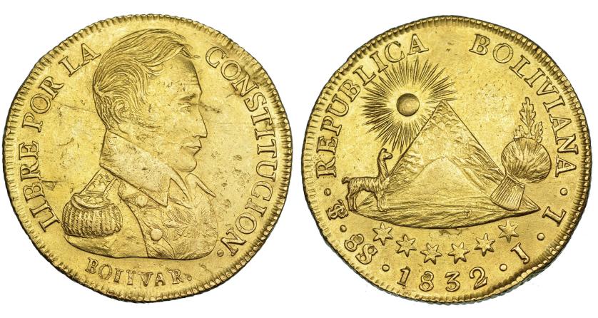 697   -  BOLIVIA. 8 escudos. 1832. Potosí. JL. KM-99. Hojitas en anv. MBC+.