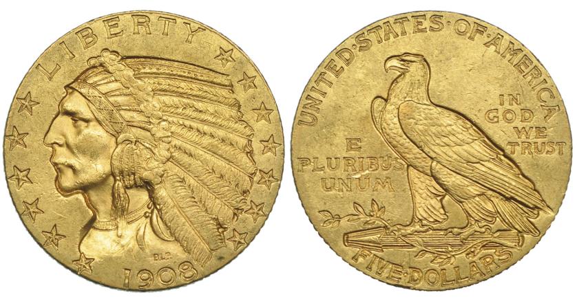 711   -  ESTADOS UNIDOS DE AMÉRICA. 5 dólares. 1908. KM-129. EBC.