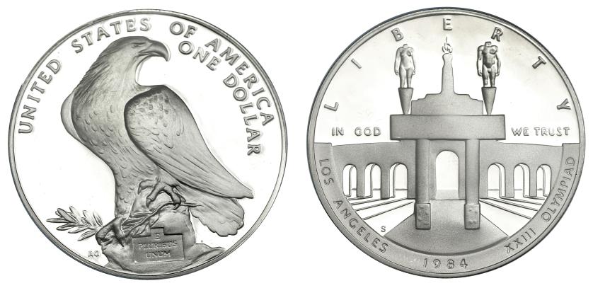 715 - ESTADOS UNIDOS DE AMÉRICA. Estuche de 3 monedas. Olimpiada: 1 dólar 1983 y 1984 y 10 dólares 1981. KM-209, 210, 211. Prueba.