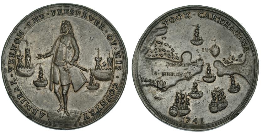 725   -  GRAN BRETAÑA. Medalla. 1741. Vernon. Cartagena. AE 38 mm. Rara. MBC+.