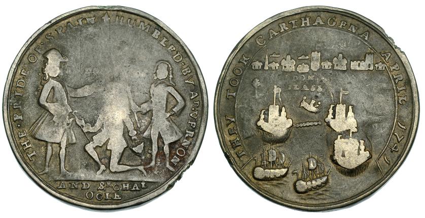 726   -  GRAN BRETAÑA. Medalla. 1741. Cartagena. "DON BLASS" en anv. y rev. AE 38,5 mm. Rara. BC+.