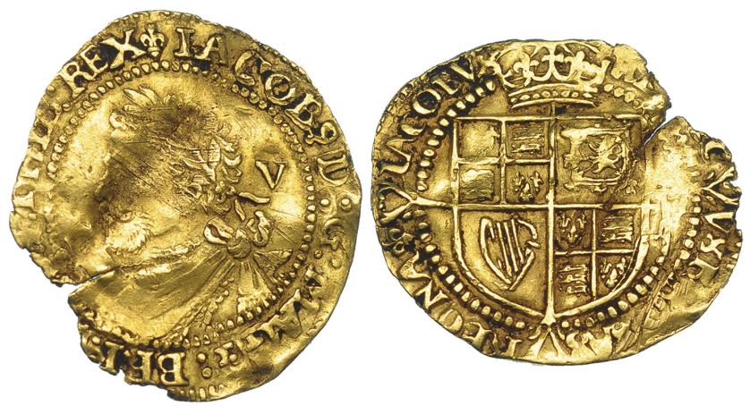 727   -  GRAN BRETAÑA. Jaime I (1603-1625). 5 chelines. KM-69. Roturas al borde y grieta. BC/MBC.