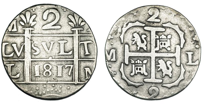 740   -  VENEZUELA. 2 reales. 1817. L-M en anv. M-L en rev. AR 4,16 g. KM-C13.2. MBC-.