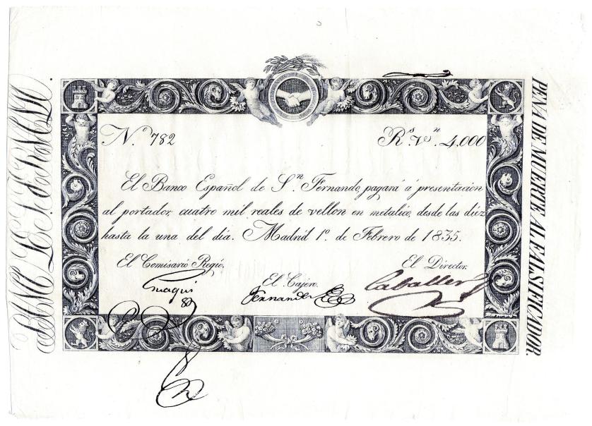 741   -  Banco Español de San Fernando. 1835. 4000 reales de vellón con numeración y firmas. ED-A25. Ligeras arrugas. EBC+. Raro.