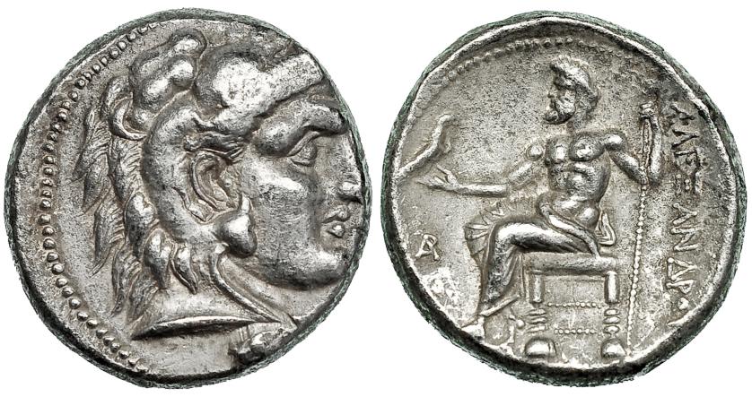 3008   -  MACEDONIA. ALEJANDRO III. Tetradracma. Biblos (c. 330-320 a.C.). R/ Delante del trono monograma AP. AR 16,98 g. PRC-3426. MBC+.