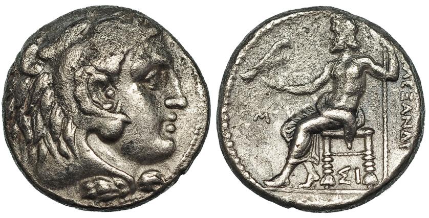 3009   -  MACEDONIA. ALEJANDRO III. Tetradracma. Sidón (c. 322-321 a.C.). R/ Delante del trono M, debajo SI. AR 16,71 g. PRC-3498. Leves erosiones. MBC+/MBC-.