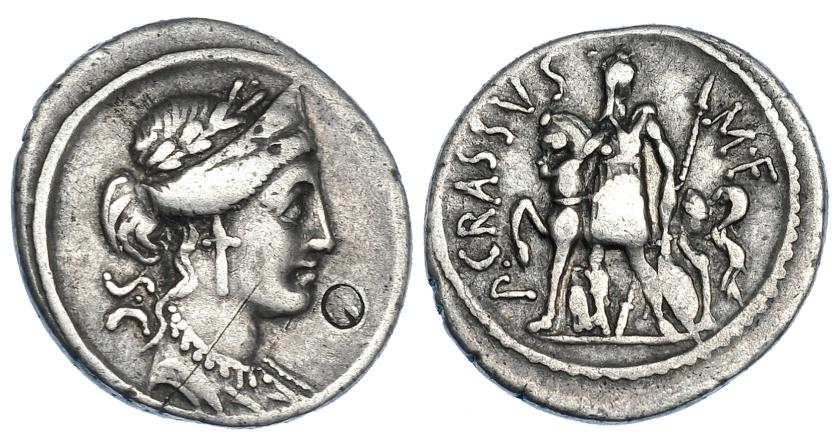 3015   -  LICINIA. Denario. Roma (55 a.C.). A/ Punzón circular delante de la cabeza de Venus. CRAW-430.1. FFC-804. Contramarca y fina raya en anv. MBC-.