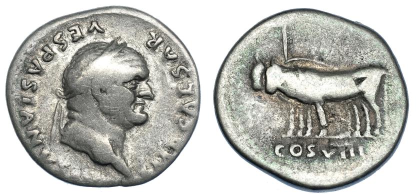 3032   -  VESPASIANO. Denario. Roma (77-78). R/ Yunta de bueyes a izq.; COS VIII. RIC-107. BC+.