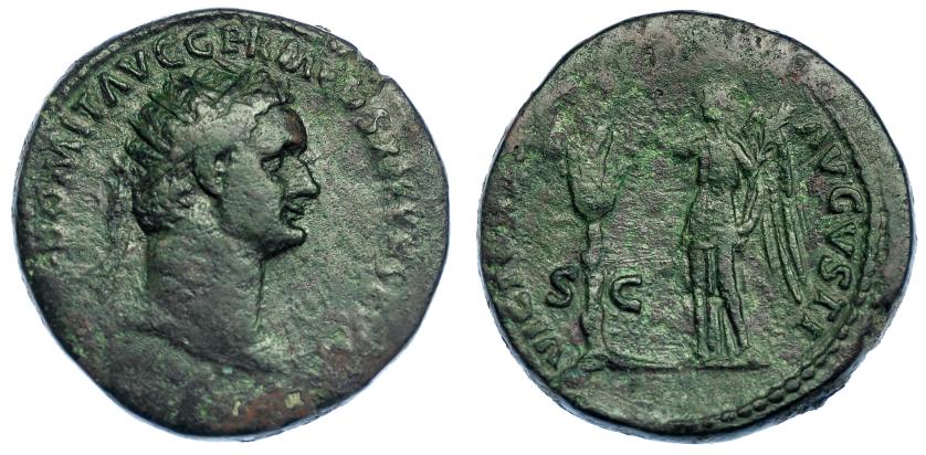 3035   -  DOMICIANO. Dupondio. Roma (85 d.C.). R/ Victoria inscribiendo en escudo sobre palmera; VICTORIA AVGVSTI, S-C. RIC-298. Pátina verde. BC+.