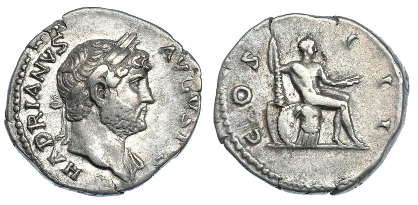 3039   -  ADRIANO. Denario. Roma (125-128). R/ Hércules sentado a der.; COS III. RIC-148. MBC/MBC-.