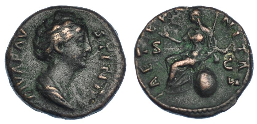 3045   -  FAUSTINA LA MAYOR. As. Roma (post. 141). R/ Aeternitas sentada sobre globo a izq.; AETERNITAS, S-C. RIC-1159. MBC-.