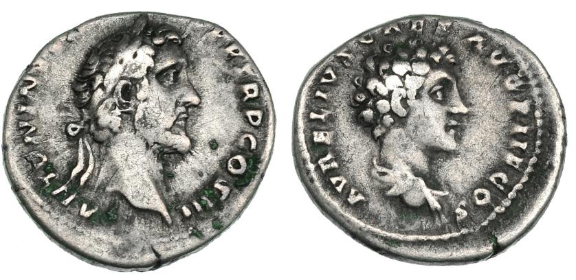 3047   -  ANTONIO PÍO Y MARCO AURELIO. Denario. Roma (140). A/ Cabeza laureada de Antonino Pío. R/ Busto drapeado de Marco Aurelio. RIC-717b. BC+/MBC-.