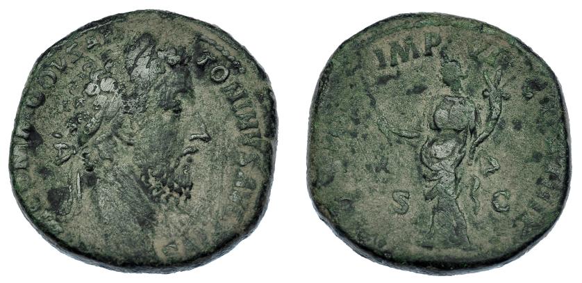 3055   -  CÓMODO. Sestercio. Roma (183-184). R/ Felicitas a izq.;  (PM TR P) VIII IMP VI COS IIII (PP), S-C. RIC-402. Pátina verde. BC.
